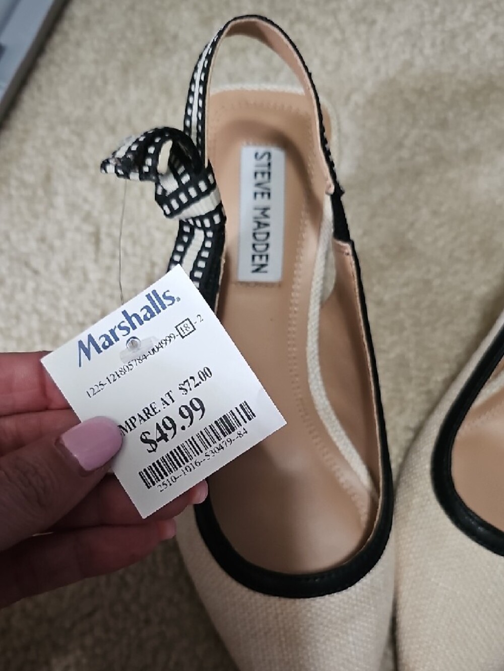 Steve Madden Cream Slingback Pointed Toe Flats with Black Trim - Picture 5 of 5